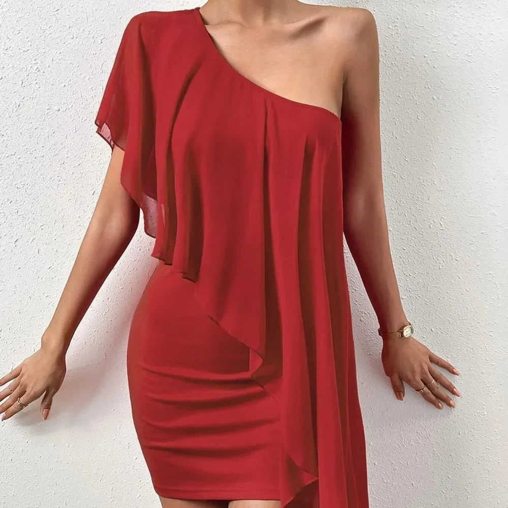 One Shoulder Exaggerated Ruffle Bodycon Dress - Picture 4 of 5
